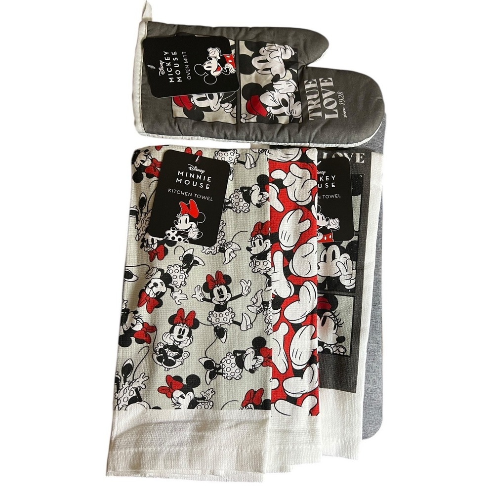 Disney‎ Mickey & Minnie Mouse Oven Mitt & 3 Kitchen Towel - True Love Red Black